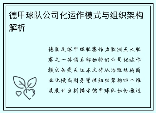 德甲球队公司化运作模式与组织架构解析